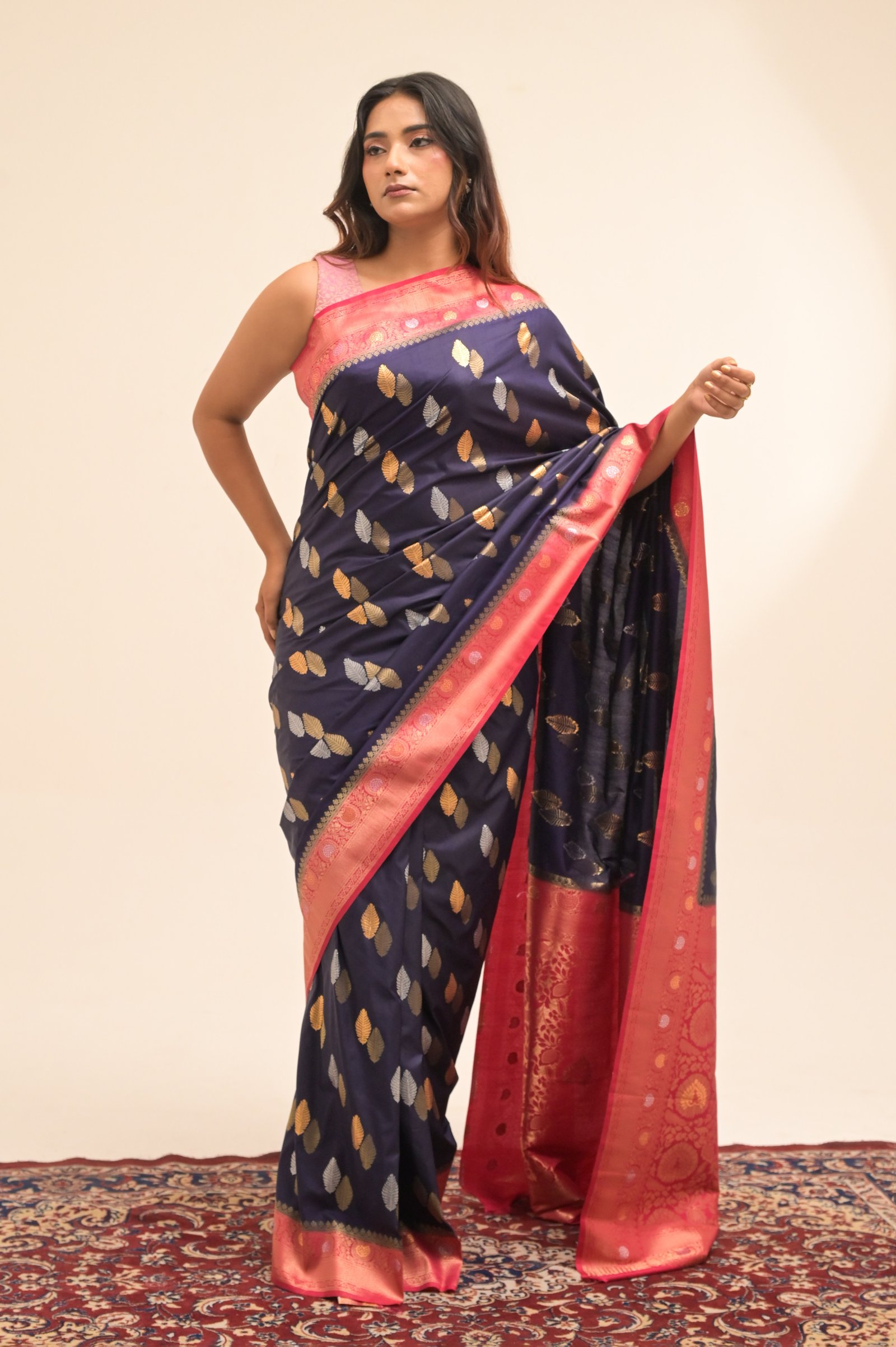 Blue Katan Silk Banarasi Saree with Gold Zari Buta & Rani Pink Contrast Border
